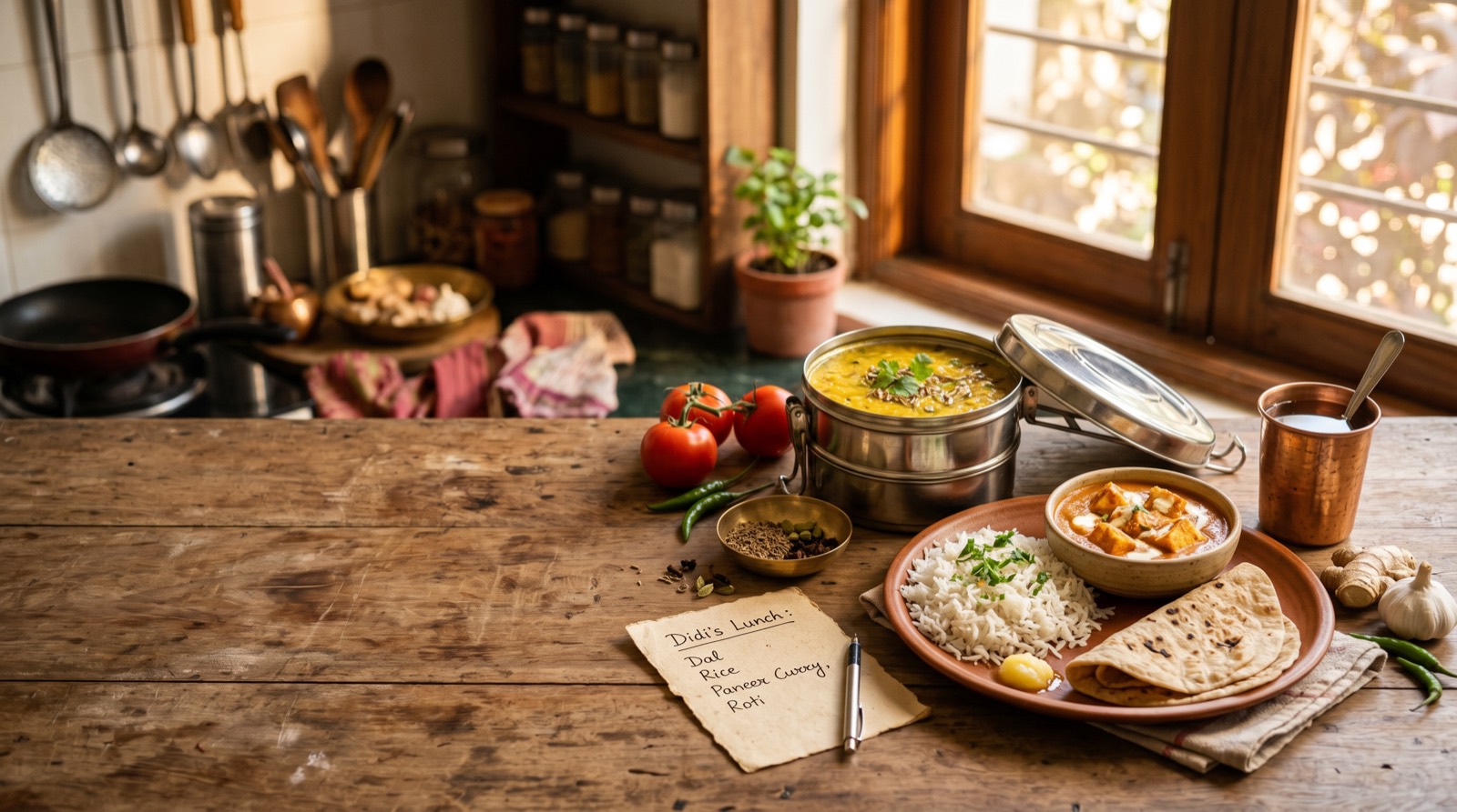 A home-cooked thali laid out on a family table